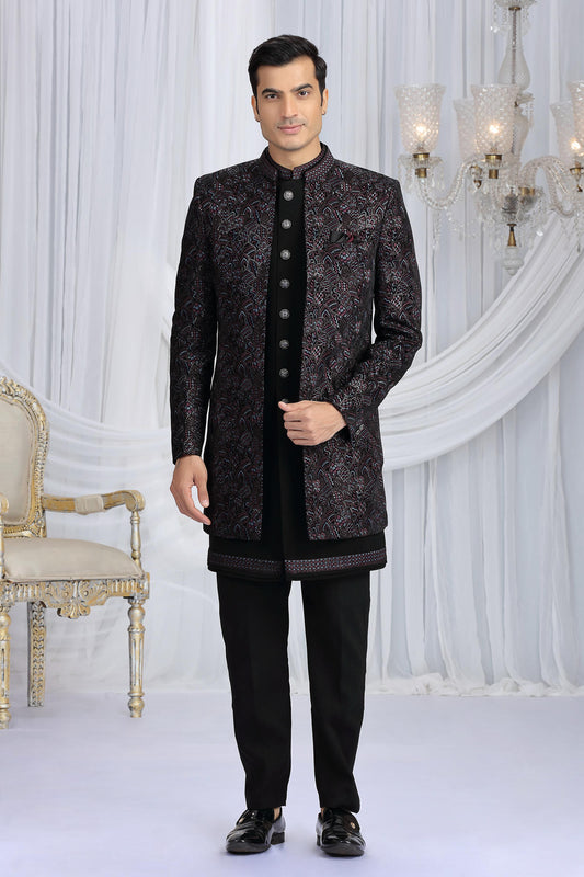 Black Colour Velvet Silk Embroidery Work 3 Pcs Indo Western Sherwani