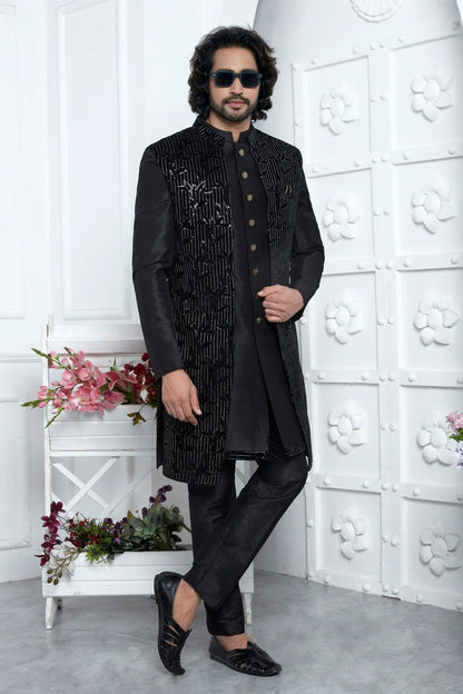 Black Colour Velvet Silk Indowestern Sherwani With Aligadhi Pant SH1230013 A