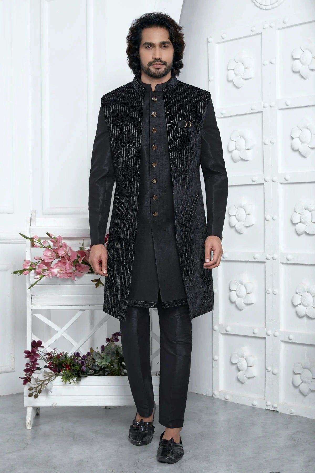 Black Colour Velvet Silk Indowestern Sherwani With Aligadhi Pant SH1230013