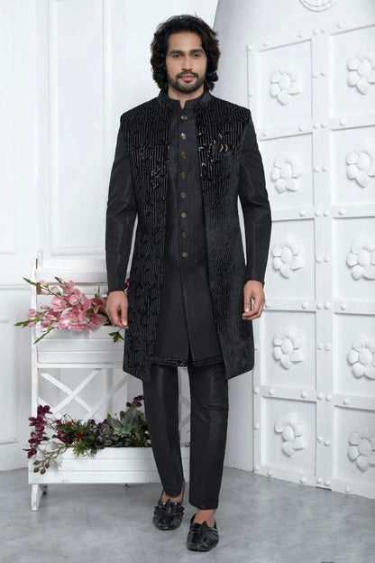 Black Colour Velvet Silk Indowestern Sherwani With Aligadhi Pant SH1230013