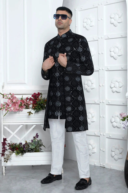 Black Colour Velvet Silk Indowestern Sherwani With Aligadhi Pant SH1230023 A