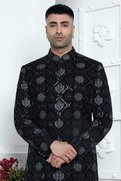 Black Colour Velvet Silk Indowestern Sherwani With Aligadhi Pant SH1230023 B
