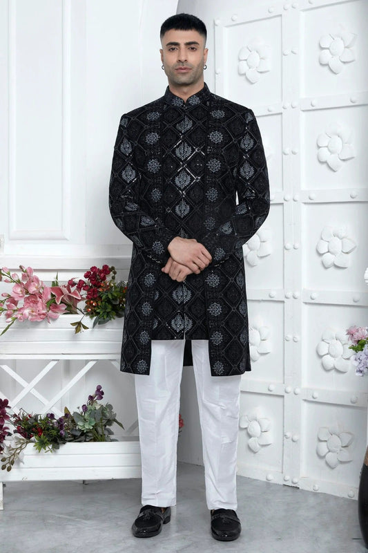 Black Colour Velvet Silk Indowestern Sherwani With Aligadhi Pant SH1230023
