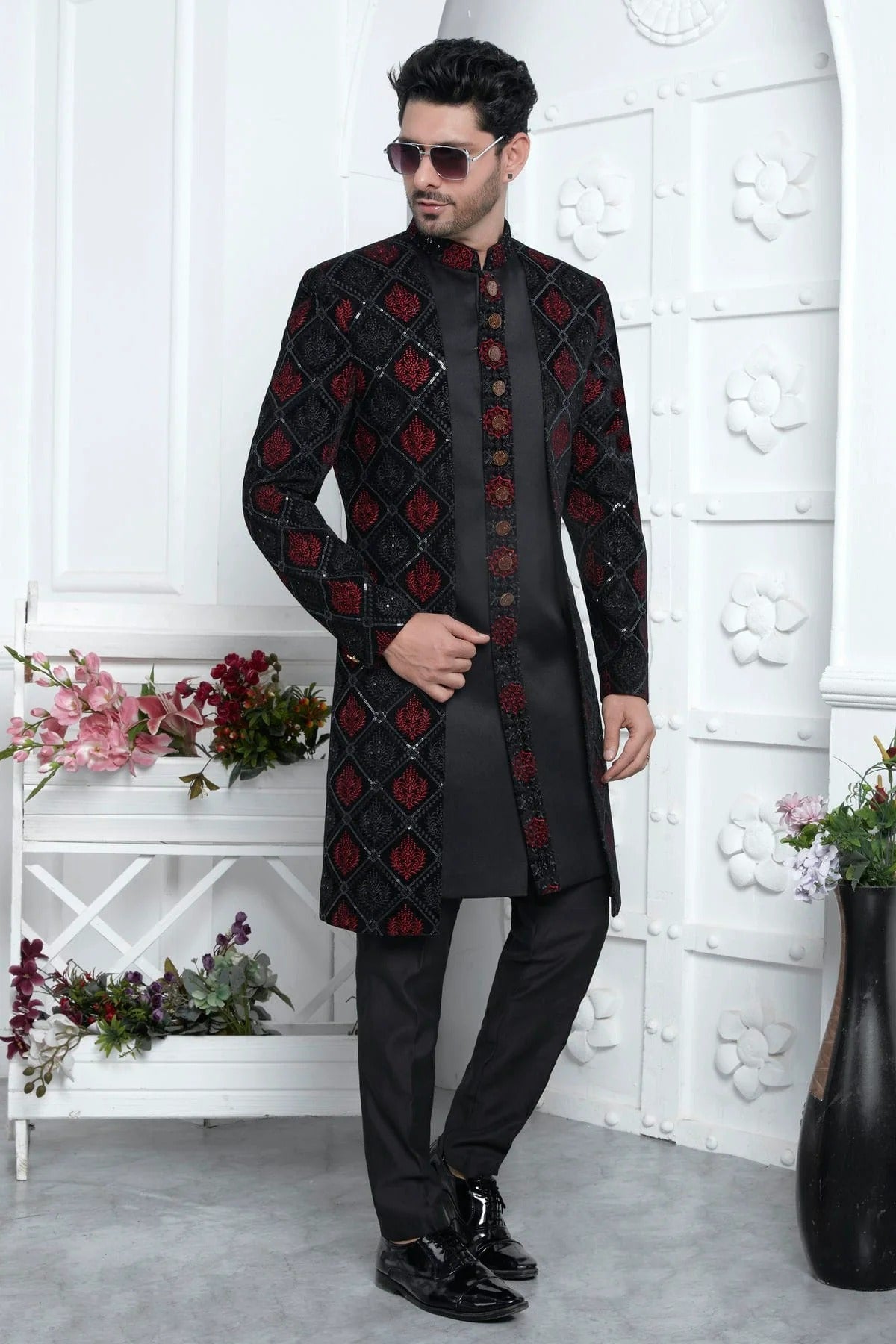 Black Colour Velvet Silk Indowestern Sherwani With Aligadhi Pant SH1230024 A