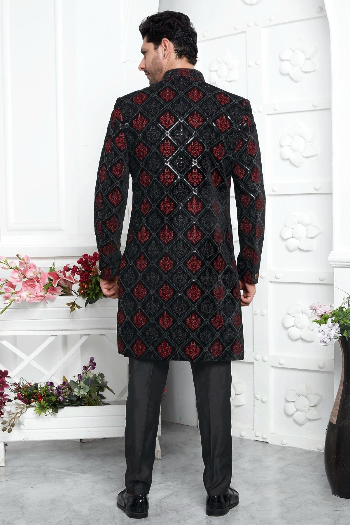 Black Colour Velvet Silk Indowestern Sherwani With Aligadhi Pant SH1230024 B