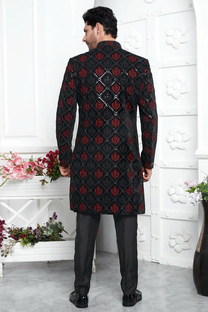 Black Colour Velvet Silk Indowestern Sherwani With Aligadhi Pant SH1230024 B