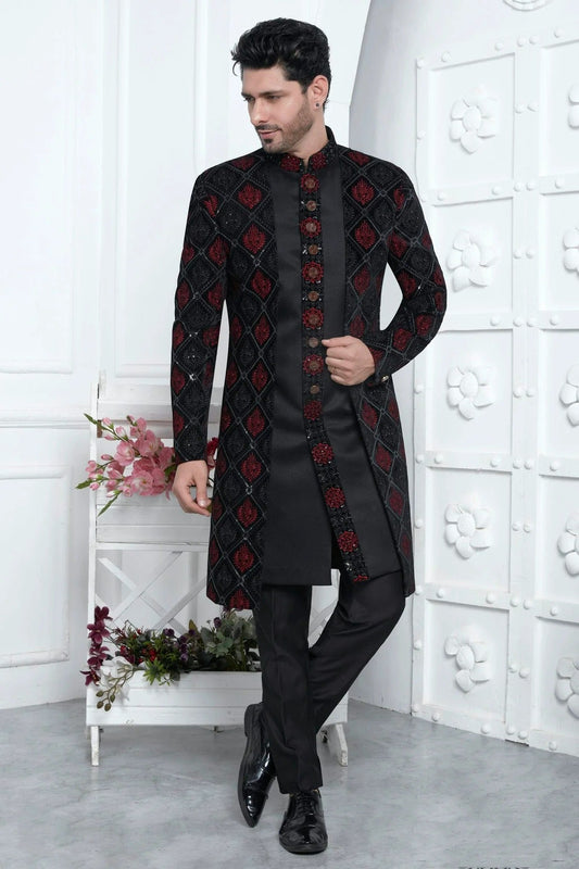 Black Colour Velvet Silk Indowestern Sherwani With Aligadhi Pant SH1230024