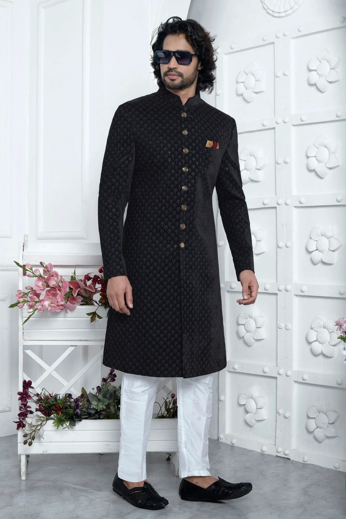 Black Colour Velvet Silk Indowestern Sherwani With Aligadhi Pant SH1230028 A