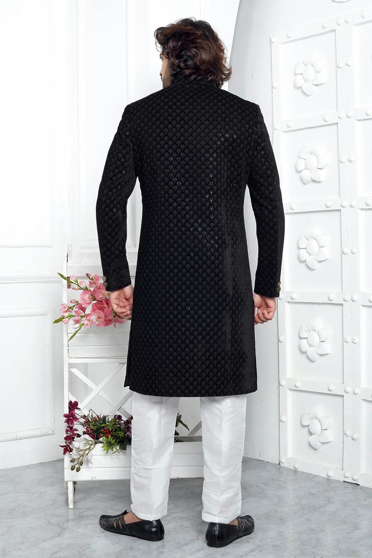 Black Colour Velvet Silk Indowestern Sherwani With Aligadhi Pant SH1230028 B
