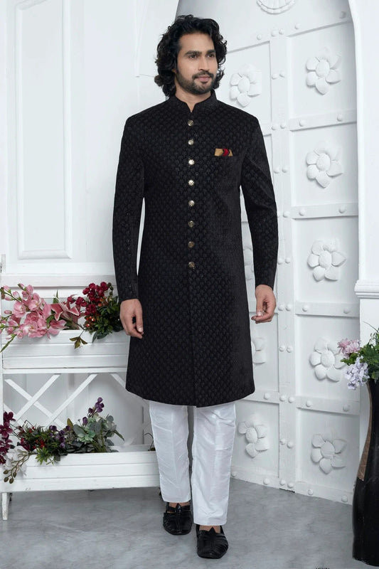 Black Colour Velvet Silk Indowestern Sherwani With Aligadhi Pant SH1230028