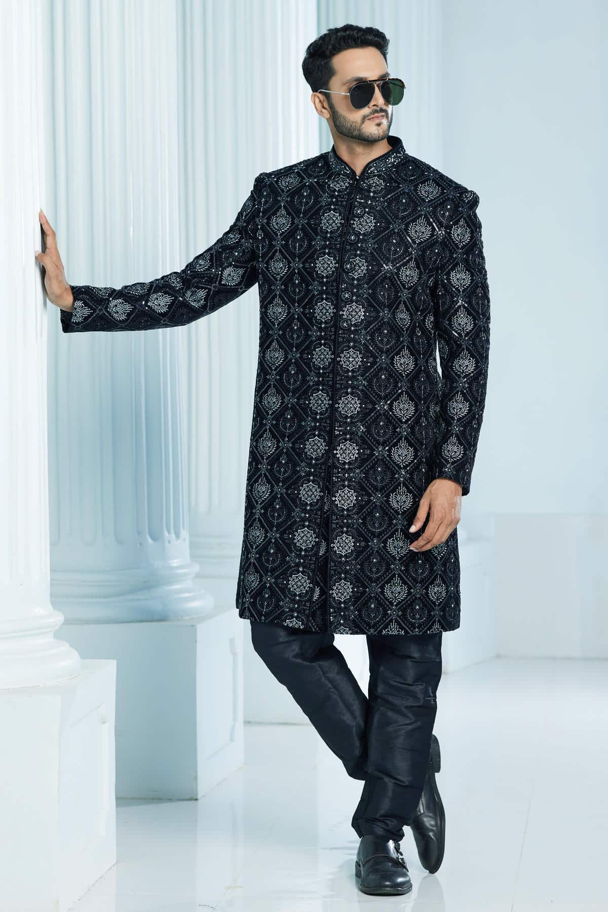 Black Colour Velvet Thread Embroidery Work Indo Western