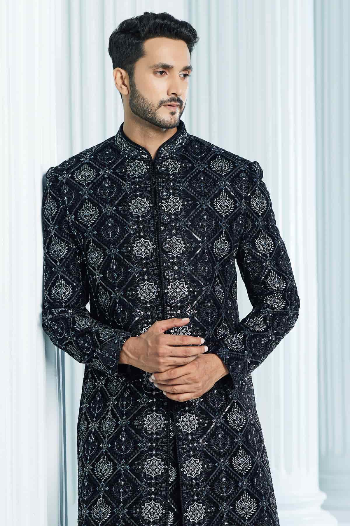 Black Colour Velvet Thread Embroidery Work Indo Western