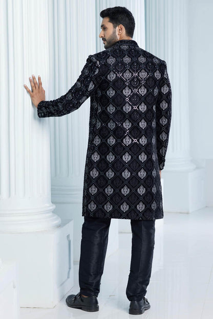 Black Colour Velvet Thread Embroidery Work Indo Western