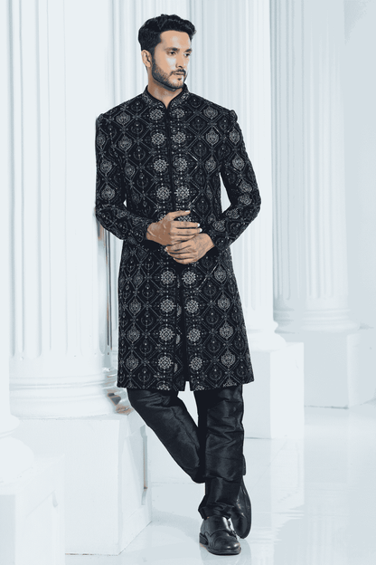 Black Colour Velvet Thread Embroidery Work Indo Western
