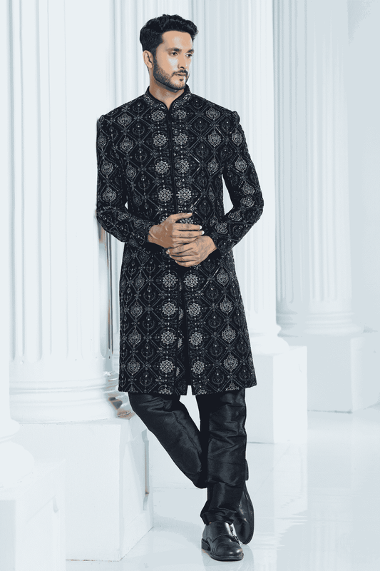 Black Colour Velvet Thread Embroidery Work Indo Western