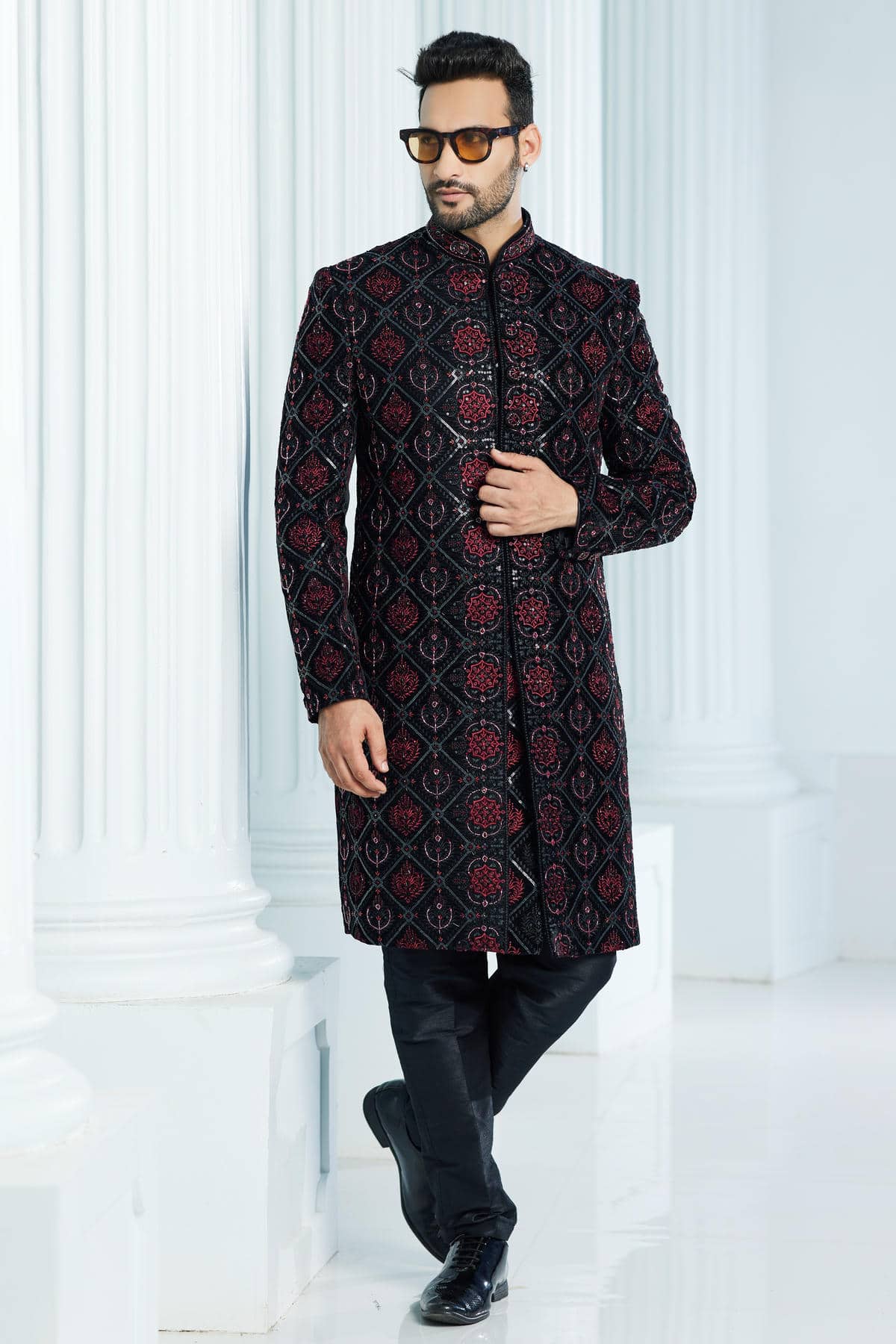 Black Colour Velvet Thread Embroidery Work Indo Western