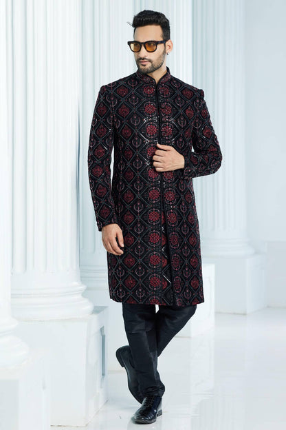 Black Colour Velvet Thread Embroidery Work Indo Western