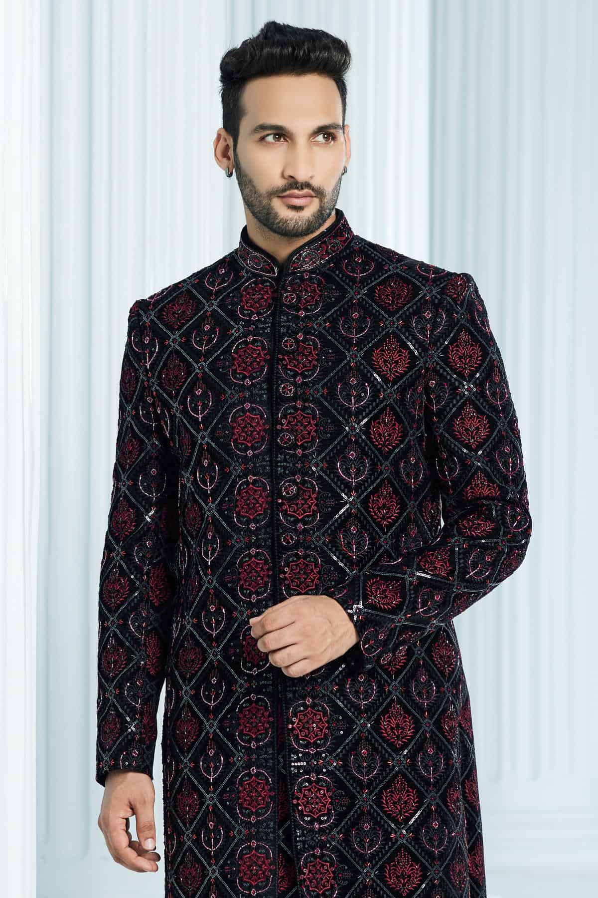 Black Colour Velvet Thread Embroidery Work Indo Western