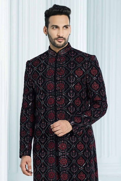 Black Colour Velvet Thread Embroidery Work Indo Western