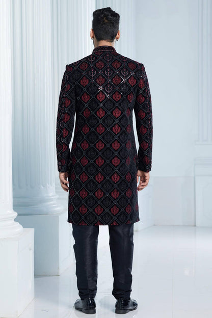 Black Colour Velvet Thread Embroidery Work Indo Western