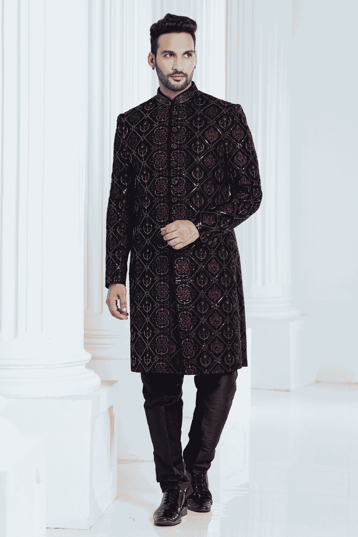 Black Colour Velvet Thread Embroidery Work Indo Western