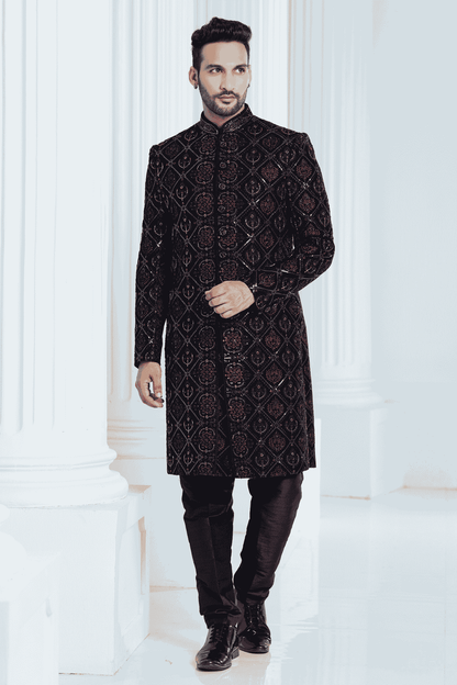 Black Colour Velvet Thread Embroidery Work Indo Western