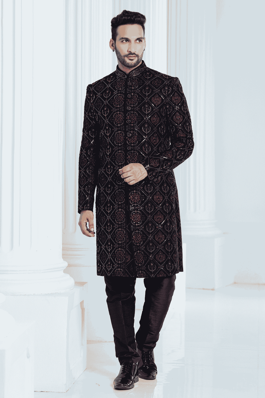 Black Colour Velvet Thread Embroidery Work Indo Western