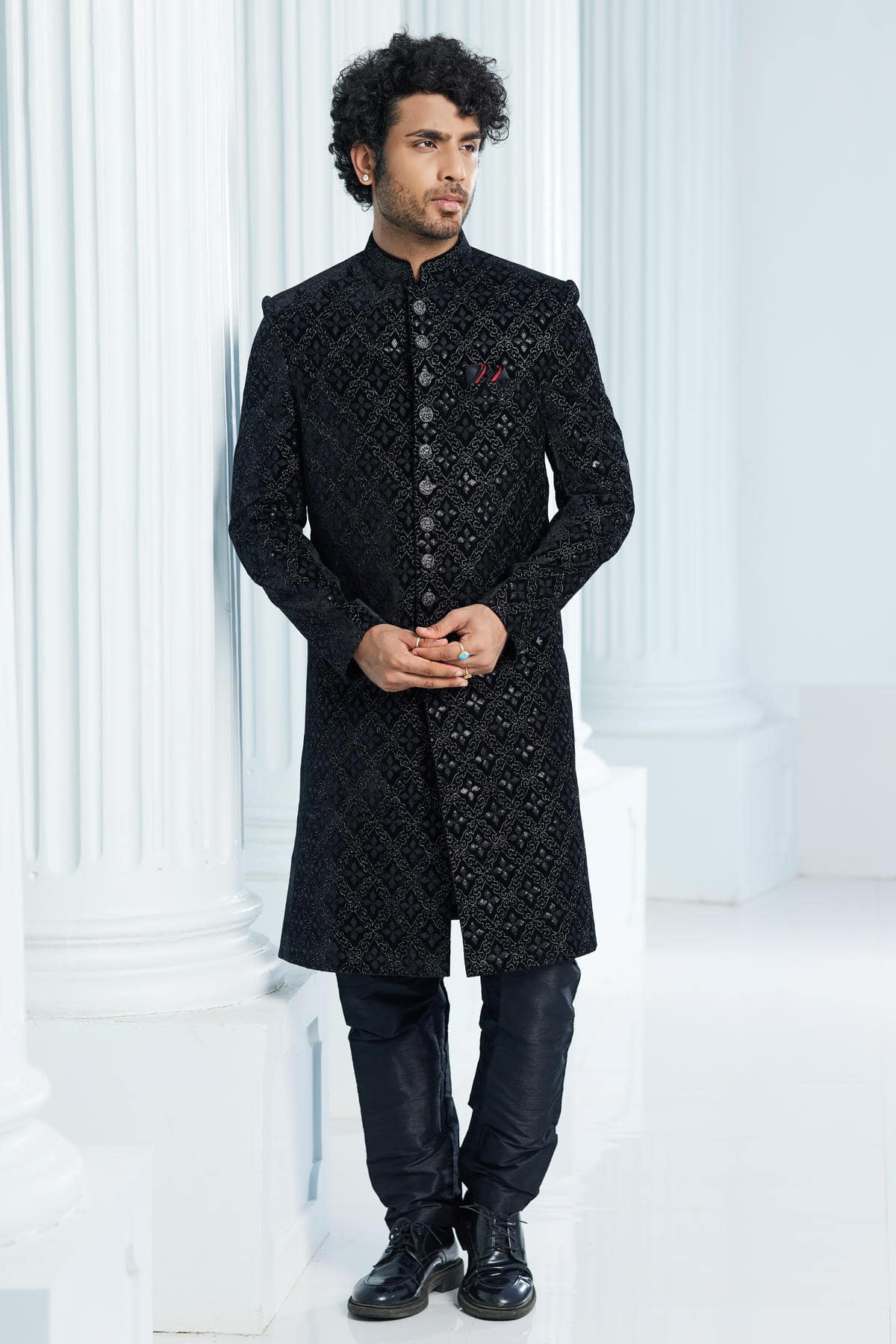 Black Colour Velvet Thread Embroidery Work Indo Western