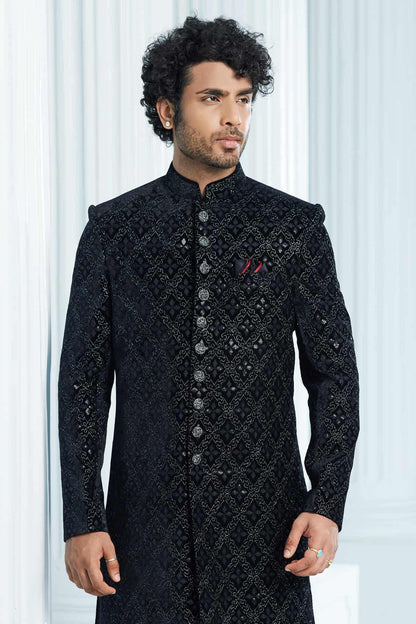 Black Colour Velvet Thread Embroidery Work Indo Western