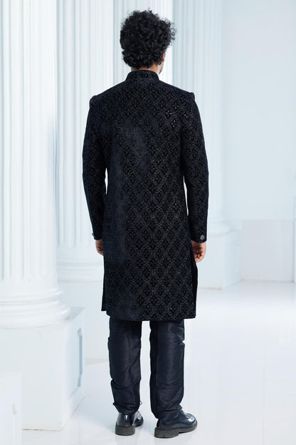 Black Colour Velvet Thread Embroidery Work Indo Western