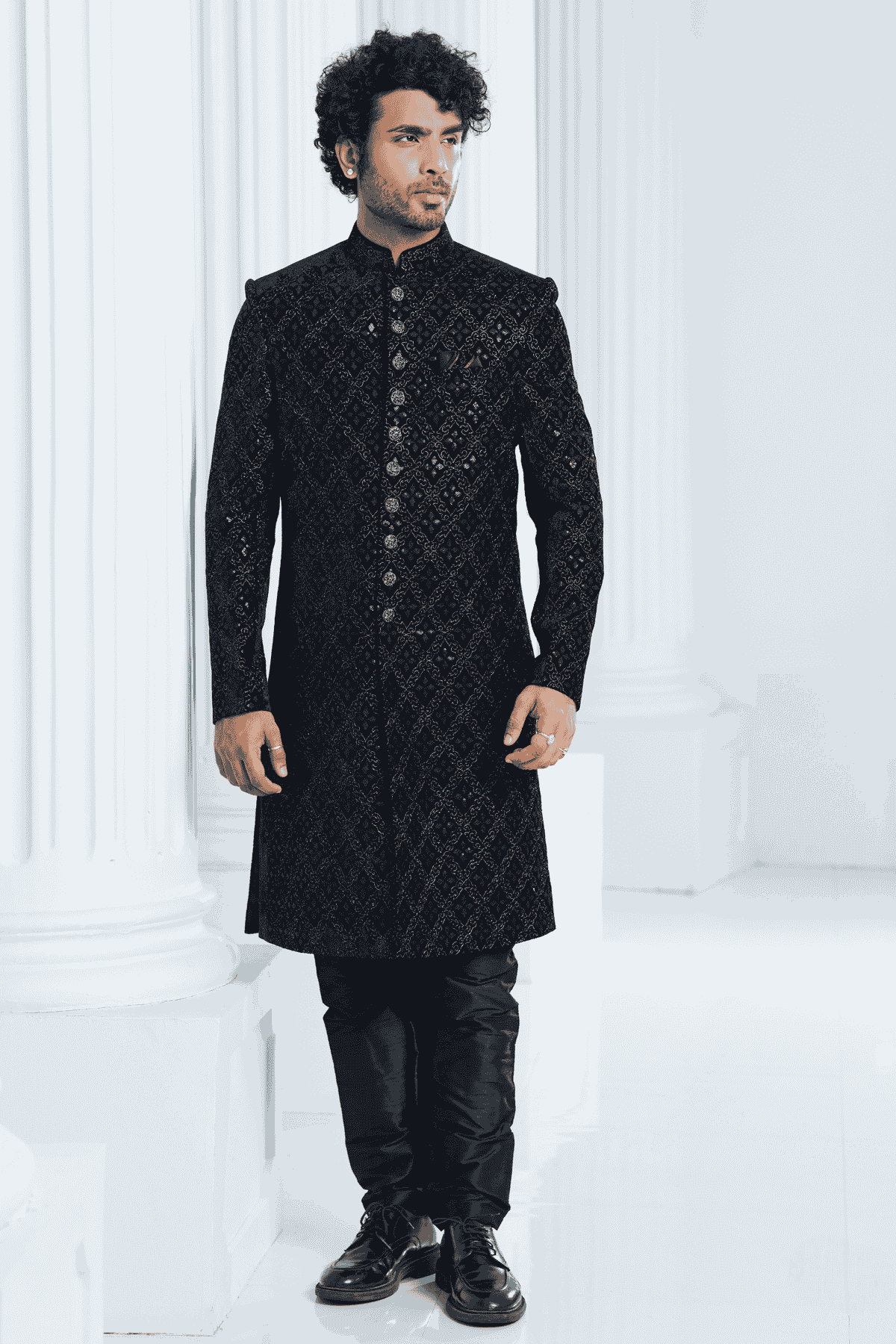 Black Colour Velvet Thread Embroidery Work Indo Western