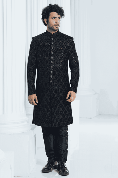 Black Colour Velvet Thread Embroidery Work Indo Western