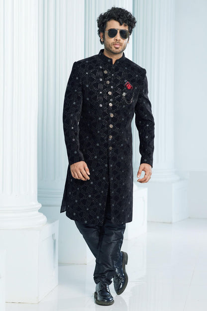 Black Colour Velvet Thread Embroidery Work Indo Western