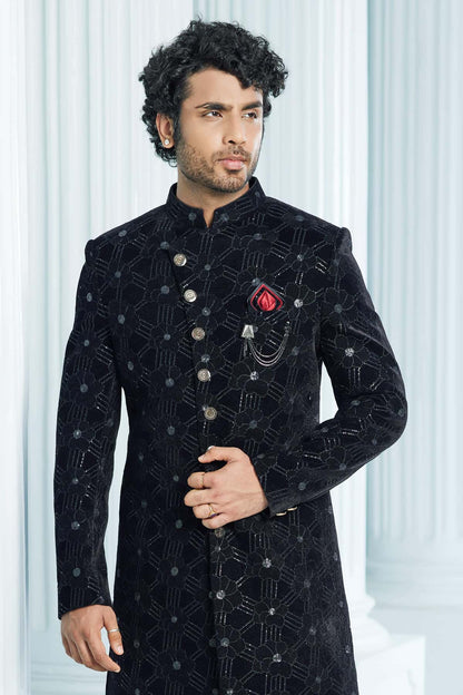 Black Colour Velvet Thread Embroidery Work Indo Western