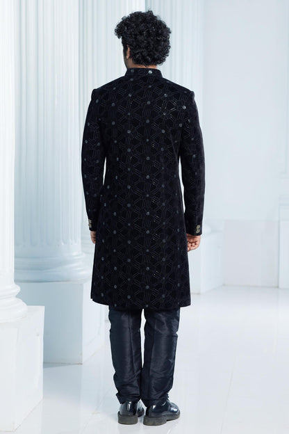 Black Colour Velvet Thread Embroidery Work Indo Western