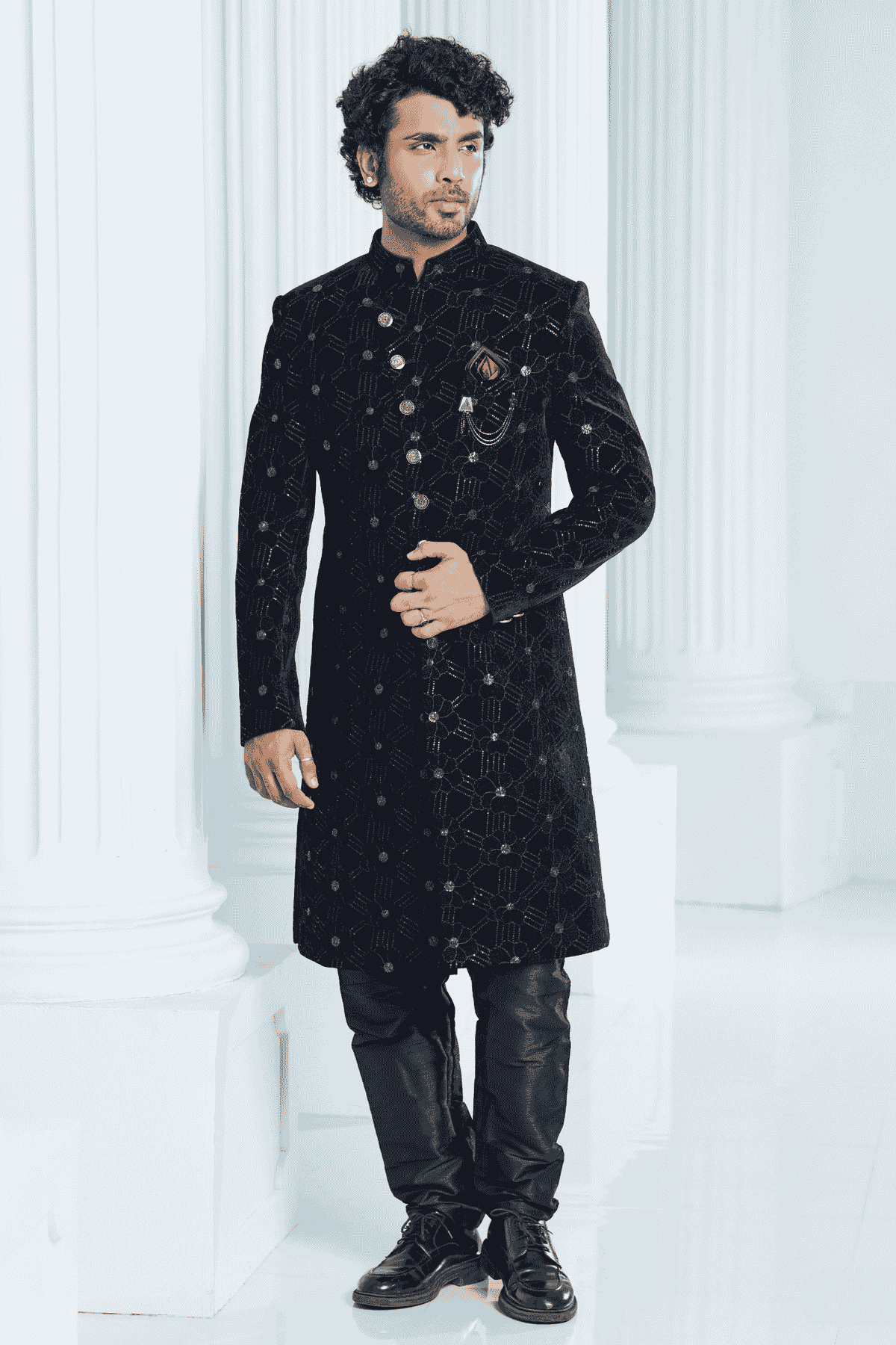 Black Colour Velvet Thread Embroidery Work Indo Western