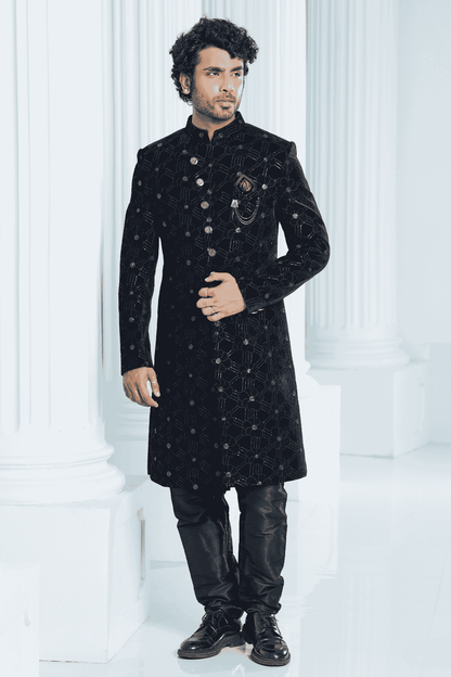 Black Colour Velvet Thread Embroidery Work Indo Western