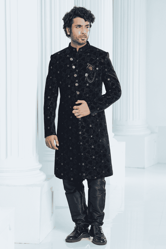 Black Colour Velvet Thread Embroidery Work Indo Western