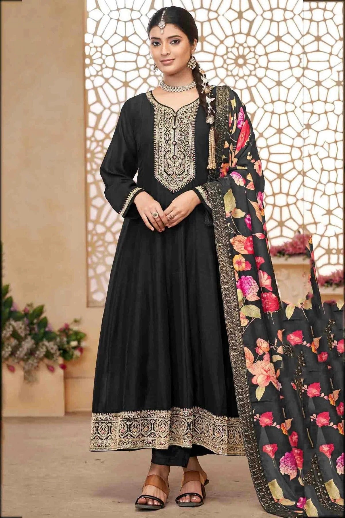 Black Colour Vichitra Silk Anarkali Suit SM1112948