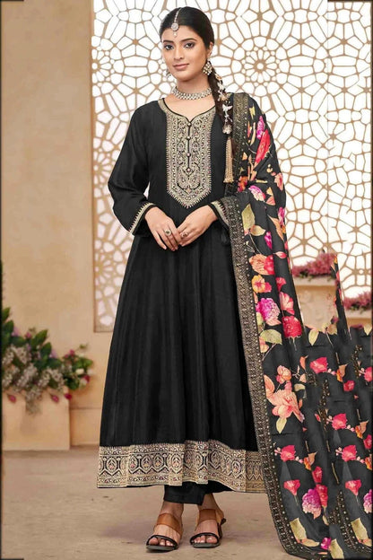 Black Colour Vichitra Silk Anarkali Suit SM1112948
