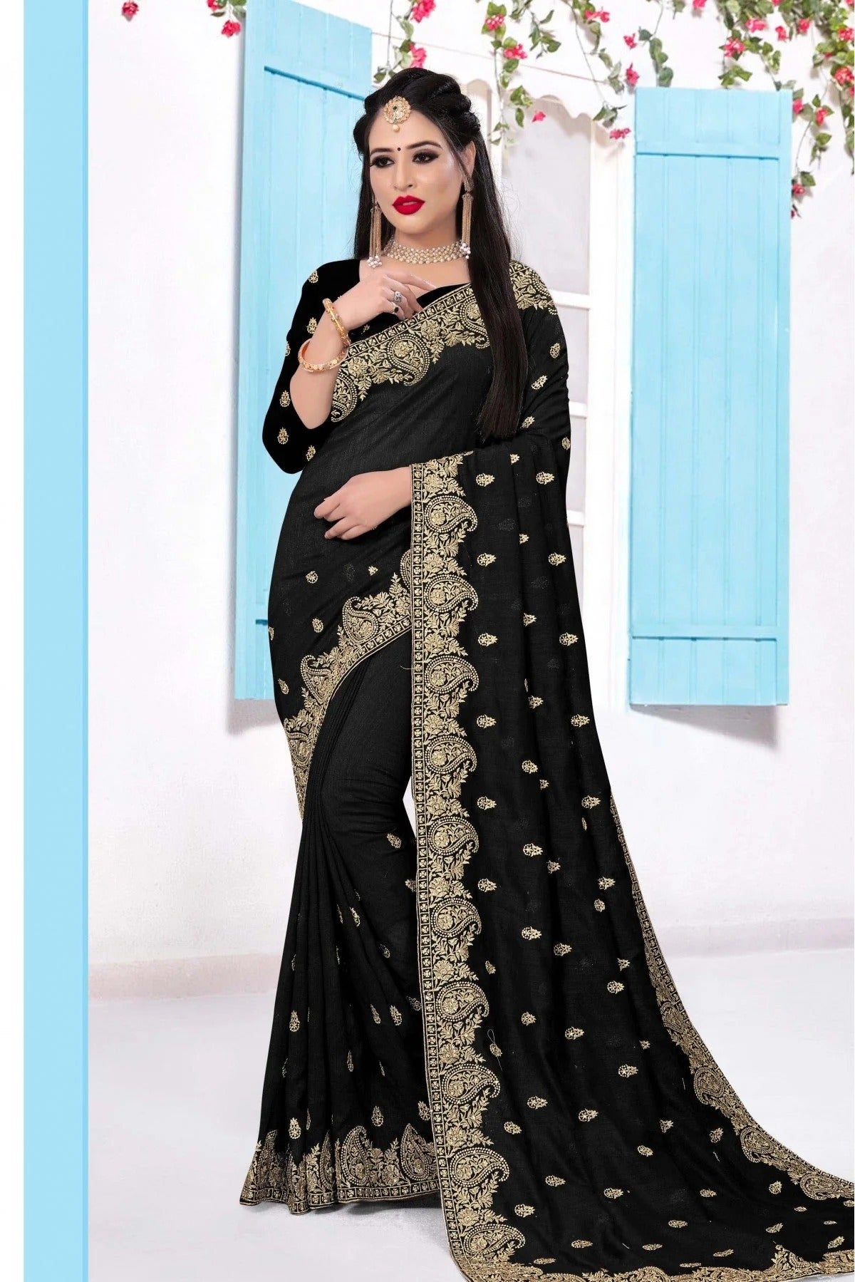 Black Colour Vichitra Silk Embroidery Saree SD1090143