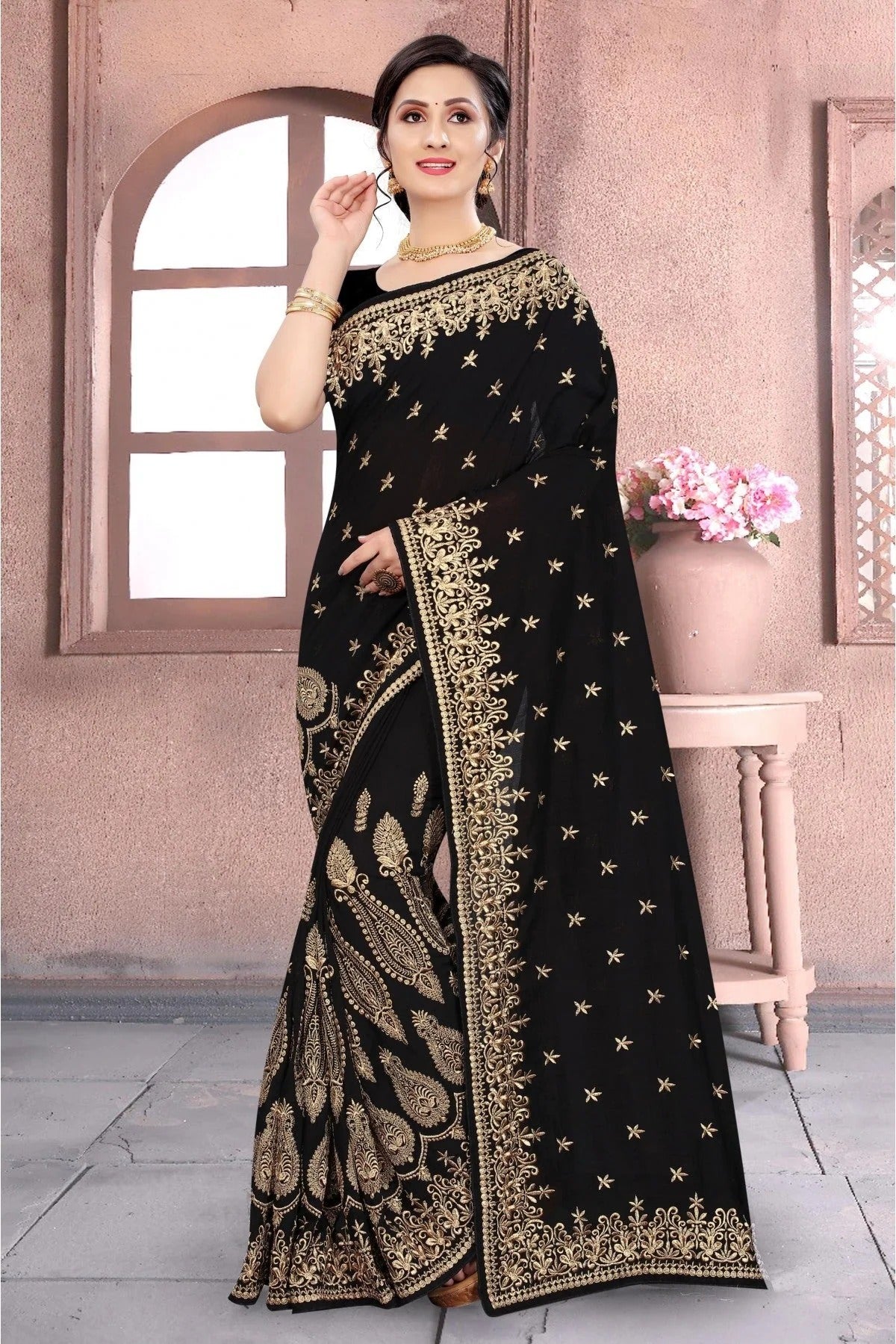 Black Colour Vichitra Silk Embroidery Saree SD1120156