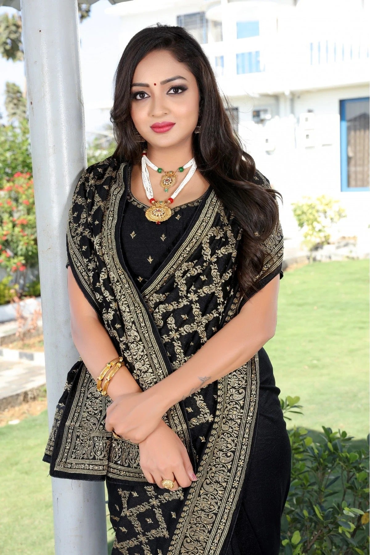 Black Colour Vichitra Silk Embroidery Saree SD1120865 A