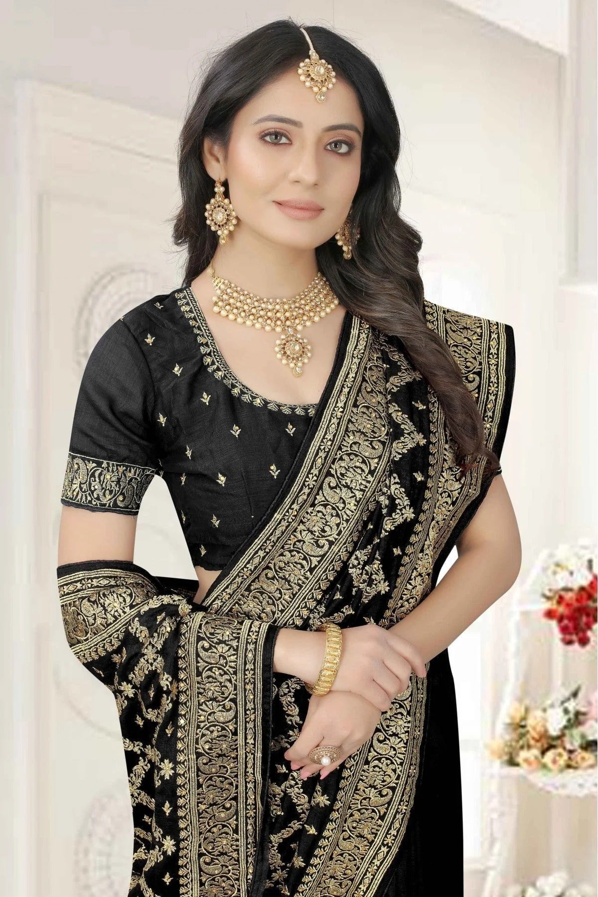 Black Colour Vichitra Silk Embroidery Saree SD1120948 A