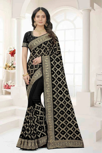 Black Colour Vichitra Silk Embroidery Saree SD1120948