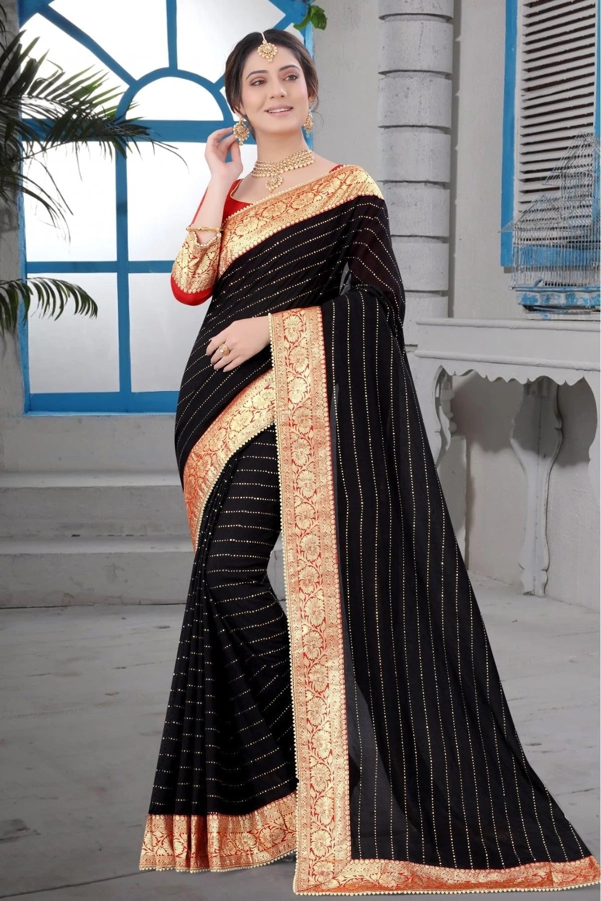 Black Colour Vichitra Silk Lace Work Saree SD1120223