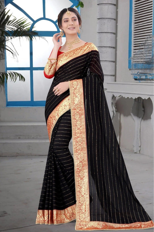 Black Colour Vichitra Silk Lace Work Saree SD1120223