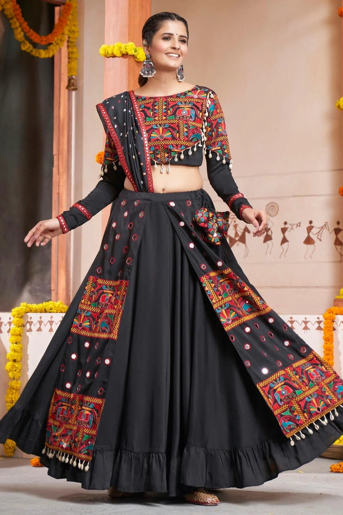 Black Colour Viscose Rayon Navratri Lehenga LC1150228
