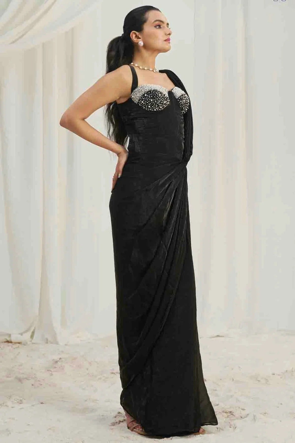 Black Organza Hand Work Ready To Wear Saree SD1080975 A