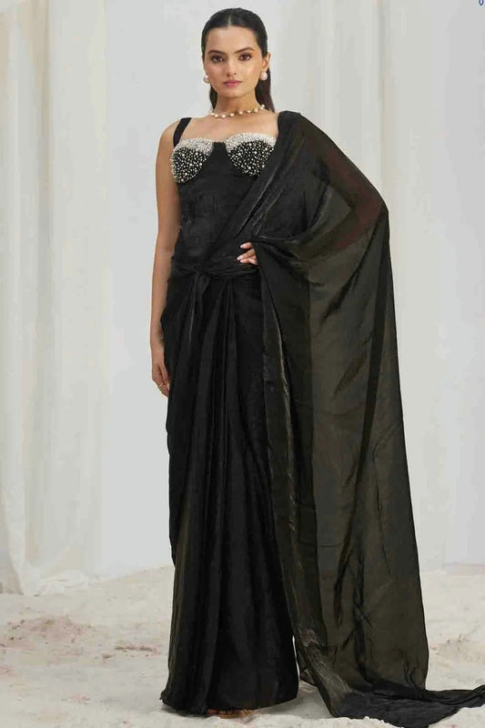 Black Organza Hand Work Ready To Wear Saree SD1080975
